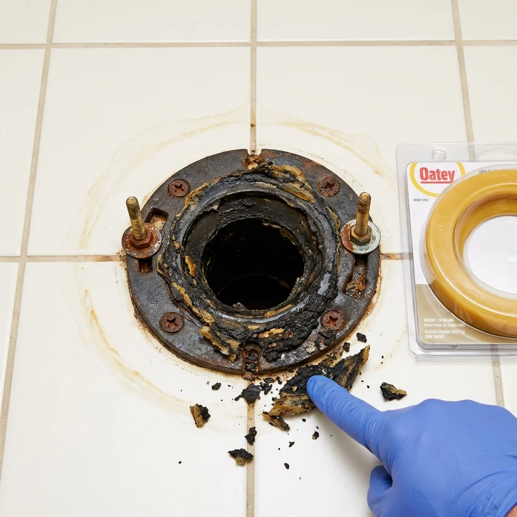 Failed wax ring showing water seepage at the base of a toilet in a Covington, GA home